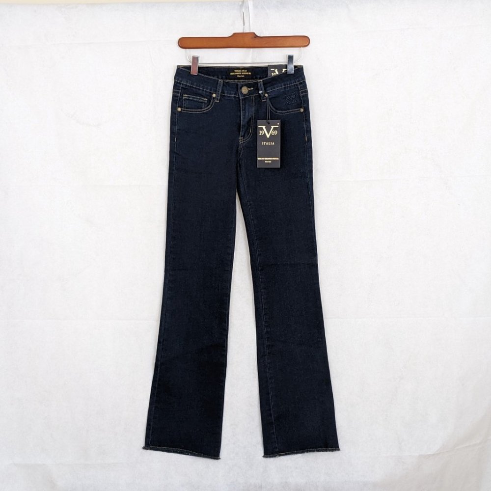 Versace 1969 Italia Size 27 Dark Denim Sofia Bootleg Raw Hem NWT
